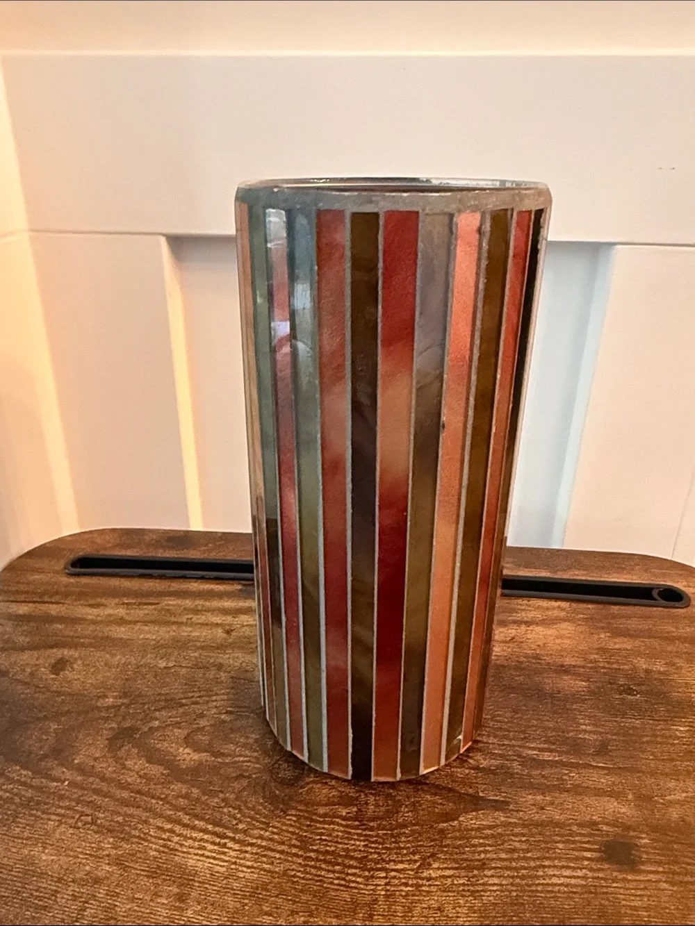 Decorative Mosaic Glass Candle Holder or Vase - Red and Brown Striped